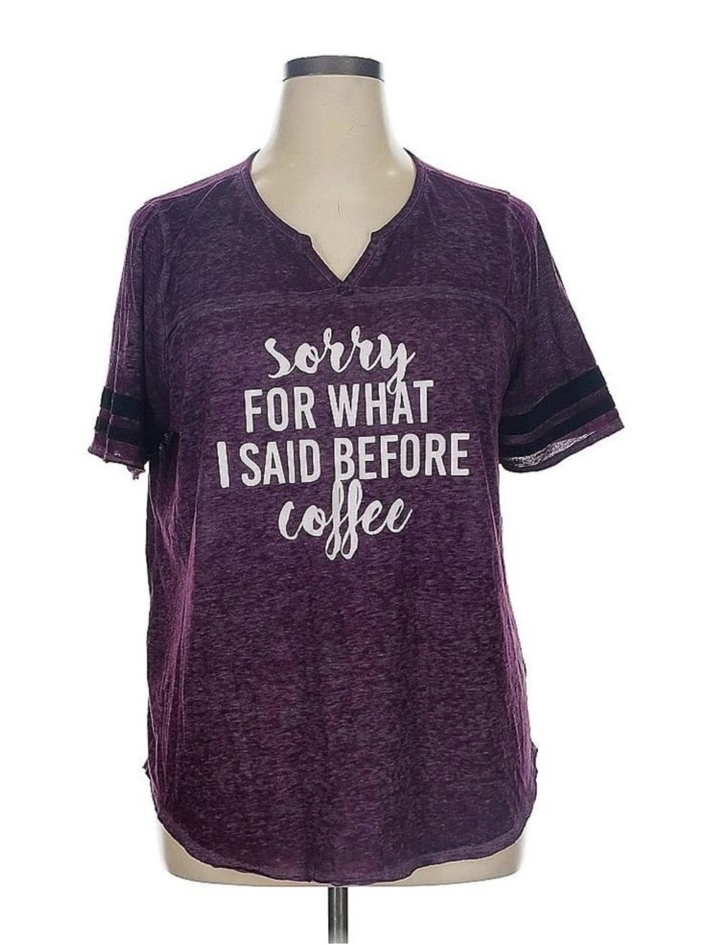 Heather Purple Short Sleeve Graphic Tee - "Sorry for What I Said Before Coffee"